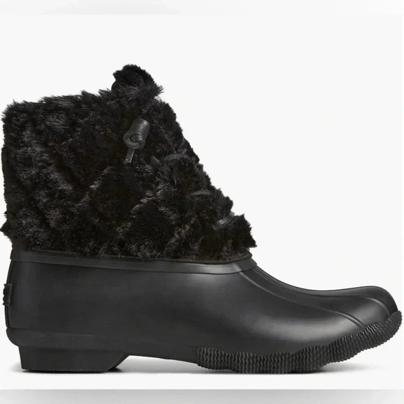 Sperry Saltwater Faux Fur Duck Boots – Black Waterproof Winter Rain Snow - Picture 4 of 5